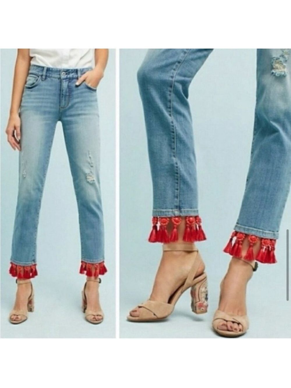 Pilcro and the Letterpress Slim Boyfriend Cropped Jeans red beaded tasseled hem